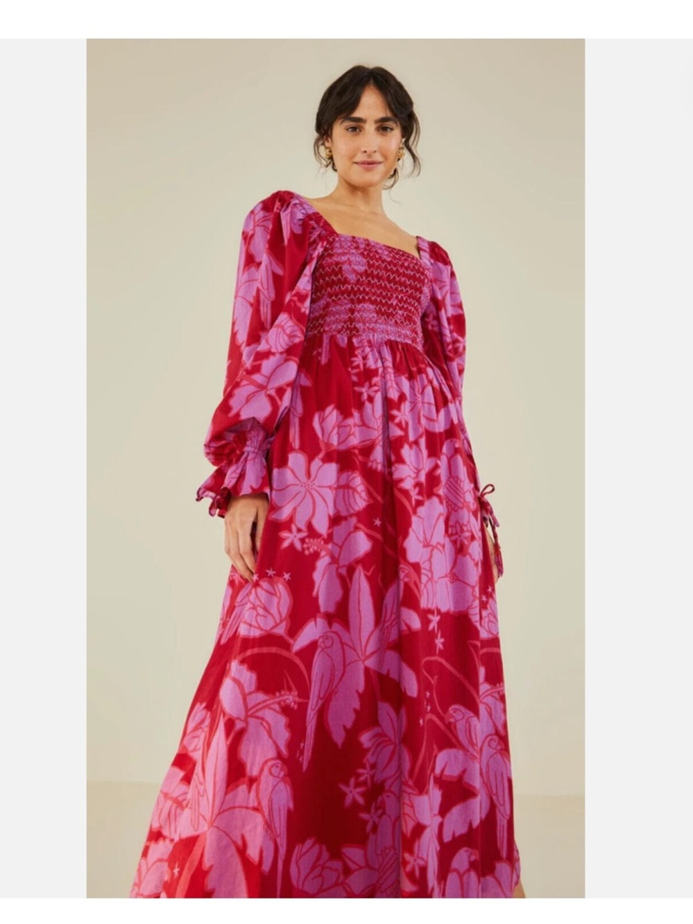FARM Rio Burgundy and Pink Floral Puff-Sleeve Maxi Dress - Picture 2 of 16